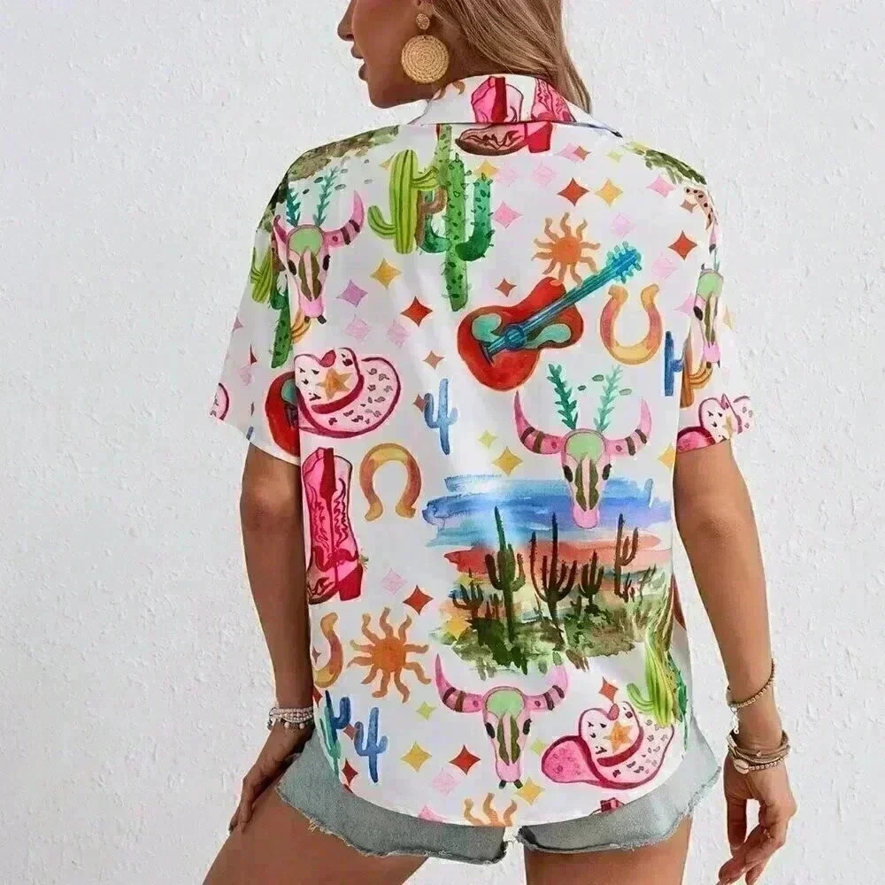 White Casual Women's Vacation Doodle Print Regular Fit Shirt - Picture 2 of 6